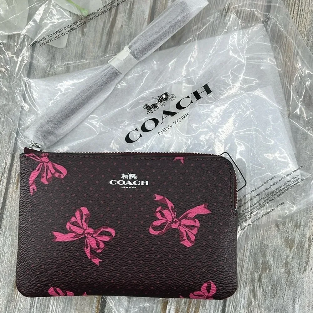 Coach Corner Zip Wristlet In Signature Canvas With Bow Print Bag Wallet Purse